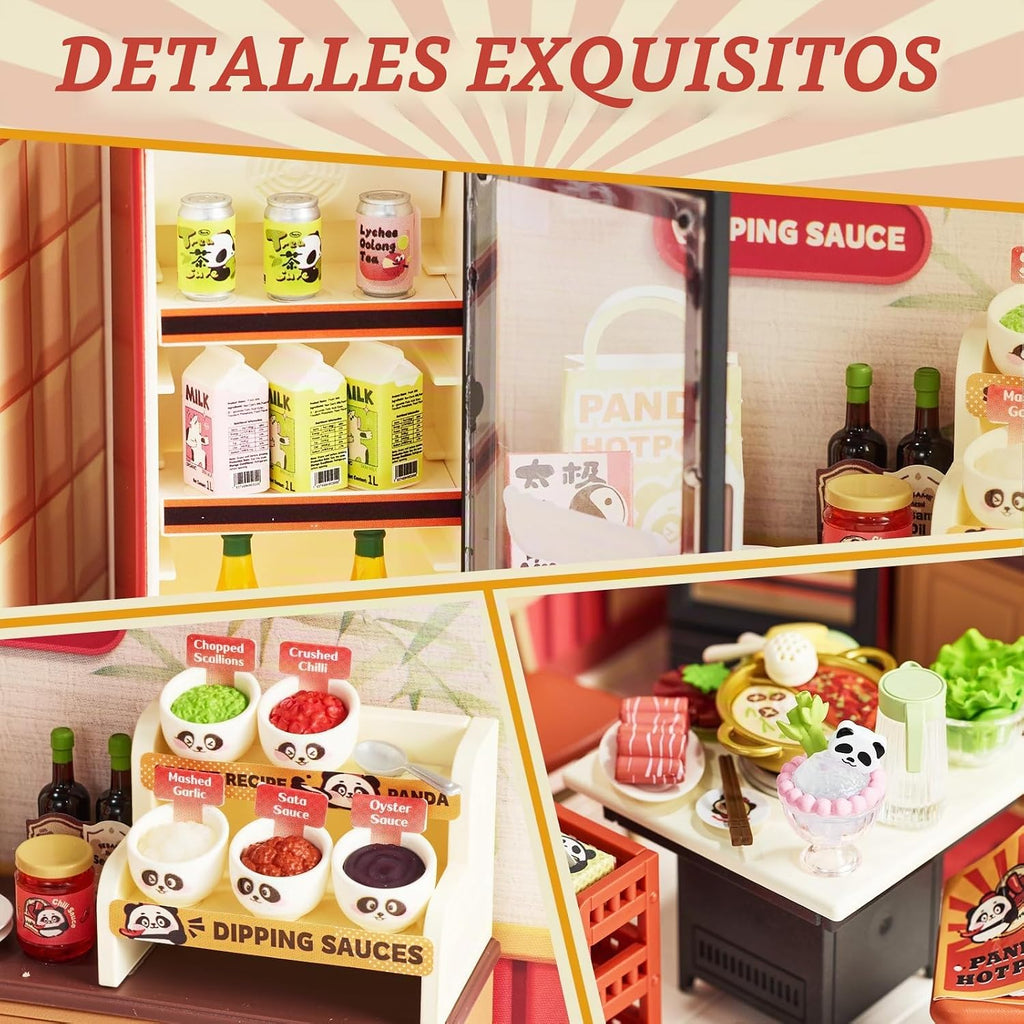 Rolife Super Creator - Juego de construcción de casas de plástico en miniatura con LED, adecuado para figuras pequeñas, juguetes de construcción, kit de diorama, regalos para adolescentes y adultos (Panda Hot Pot)