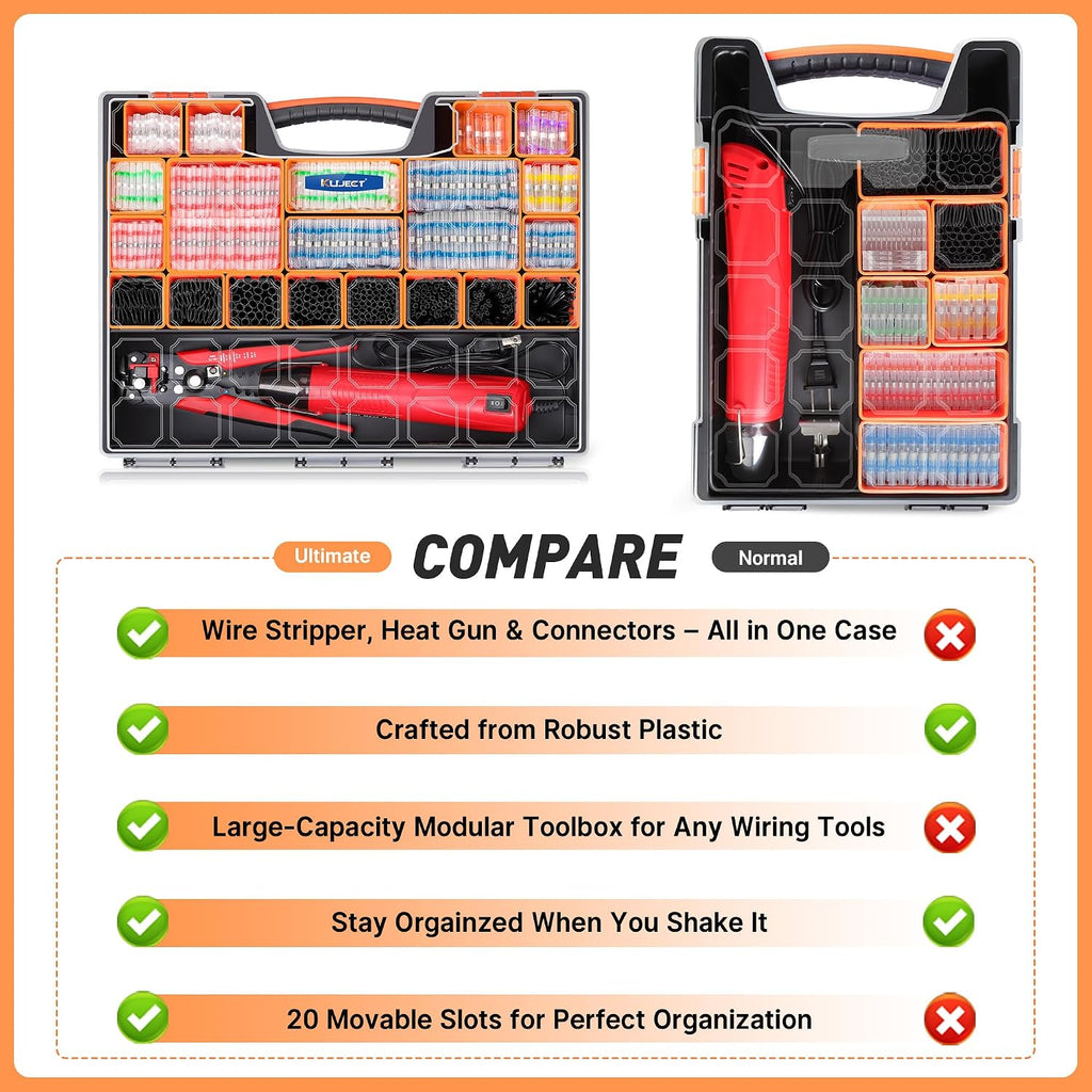 Kuject - Kit de conectores de alambre para soldadura termorretráctil, todo en uno, pelacables, pistola de calor, 2000 conectores a tope de palo de soldadura impermeables