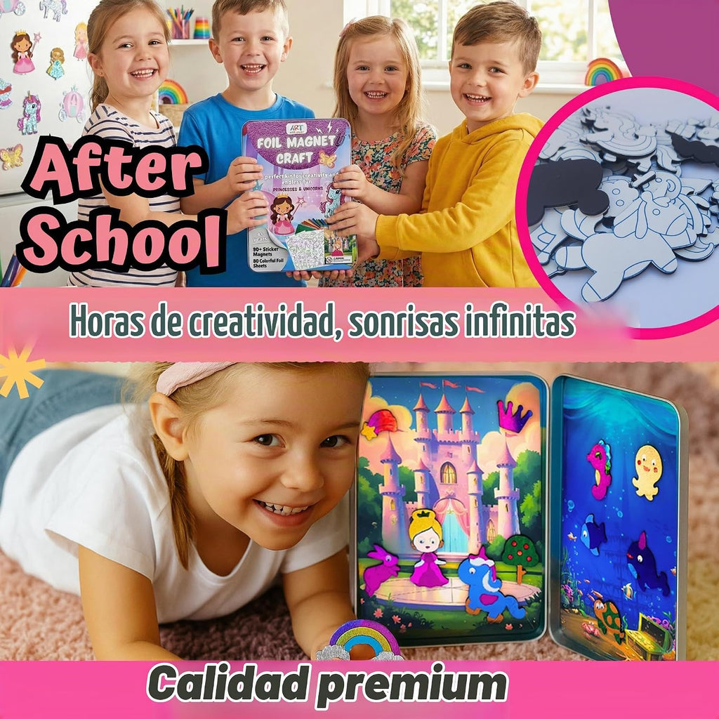 Kit de Arte en Foil Princess & Unicorn para Niñas - Caja Metálica Magnética con Imanes de Foil, Manualidad Reutilizable y Sin Desorden para Viajes, Kit DIY de Artes y Manualidades para Niñas de 4-8 y 8-12 años