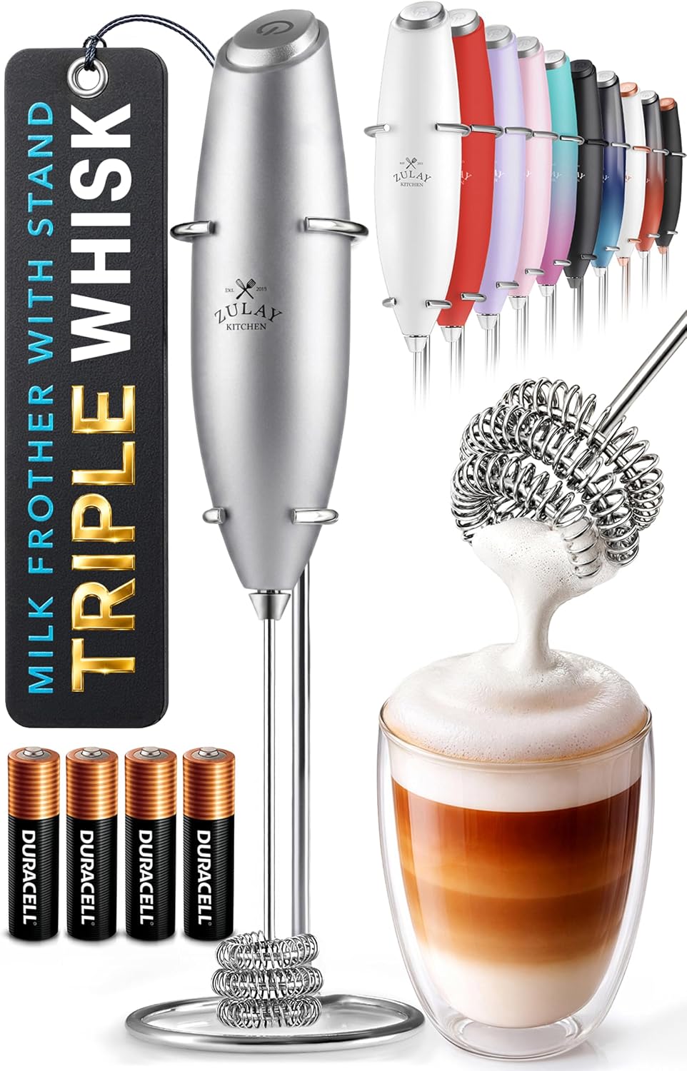 Zulay Kitchen Potente varita espumadora de leche con baterías Duracell - Mezclador de bebidas portátil ultrarrápido - Máquina de espuma eléctrica para café, lattes, capuchino y matcha, batidor triple