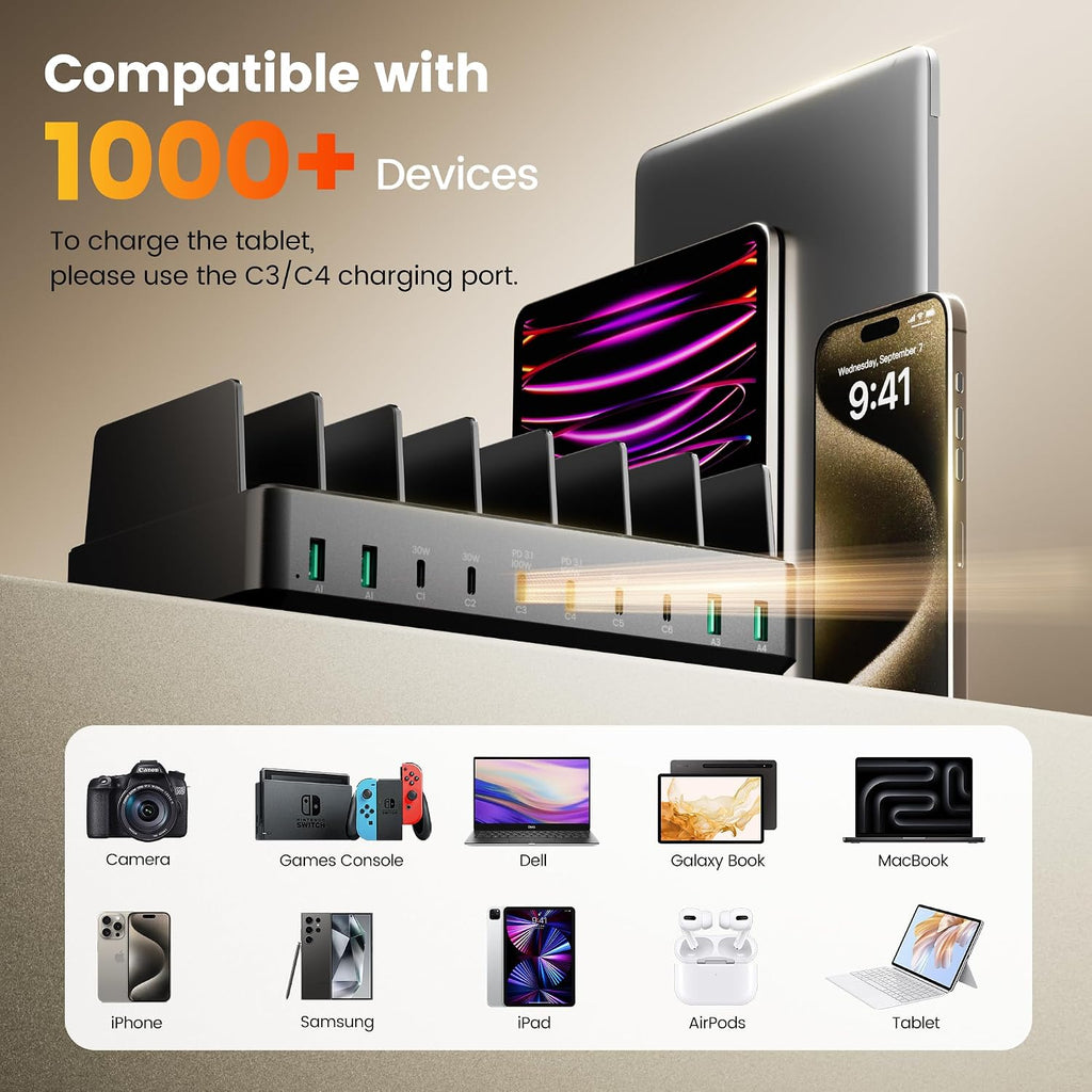 Estación de carga de 400 W para múltiples dispositivos, cargador USB C