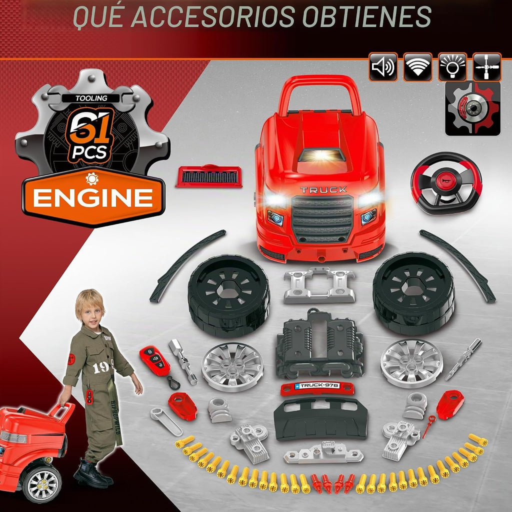 Qaba Camión motor juguete con luces, sonidos, volante para niños 3+, rojo