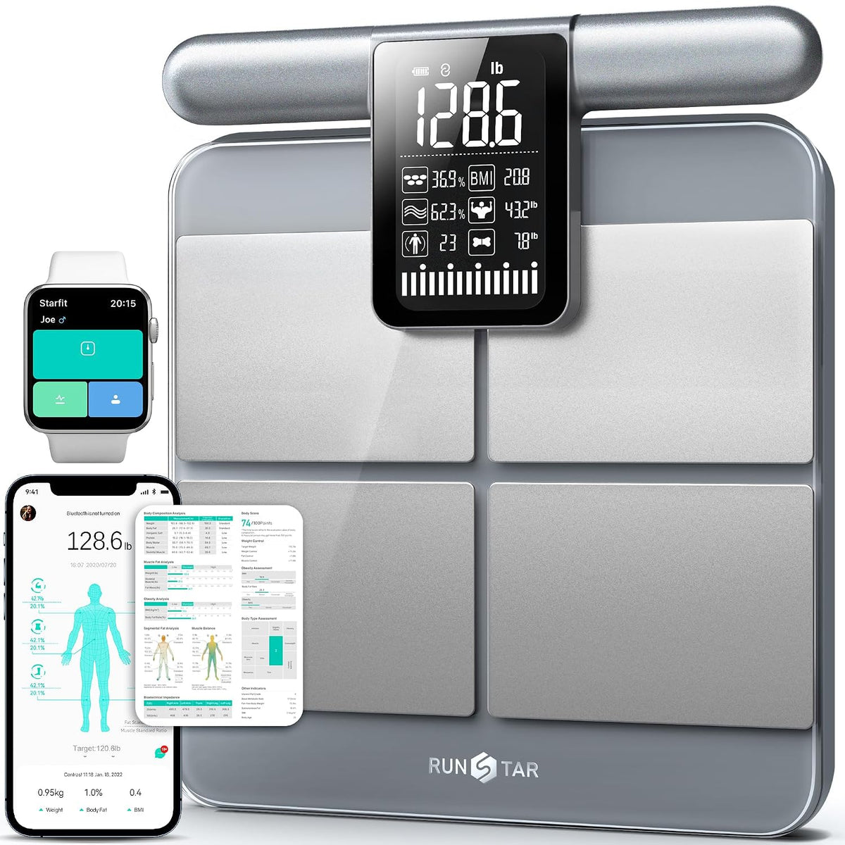 RunStar Báscula de 8 electrodos para peso corporal, mango de pantalla