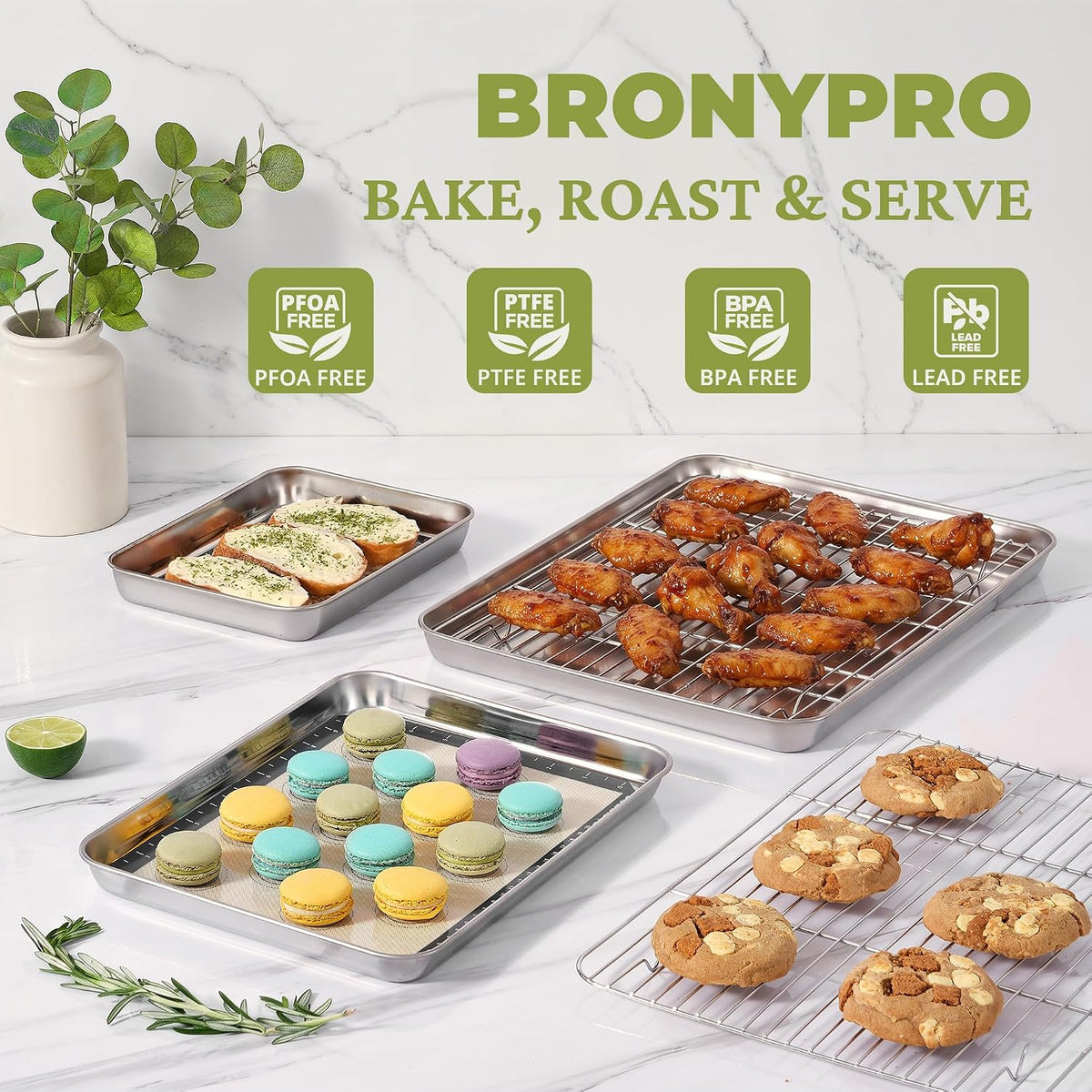 BRONYPRO Juego de Bandejas para Hornear de Acero Inoxidable 18/8 (3 Bandejas + 3 Tapetes + 1 Parrilla)