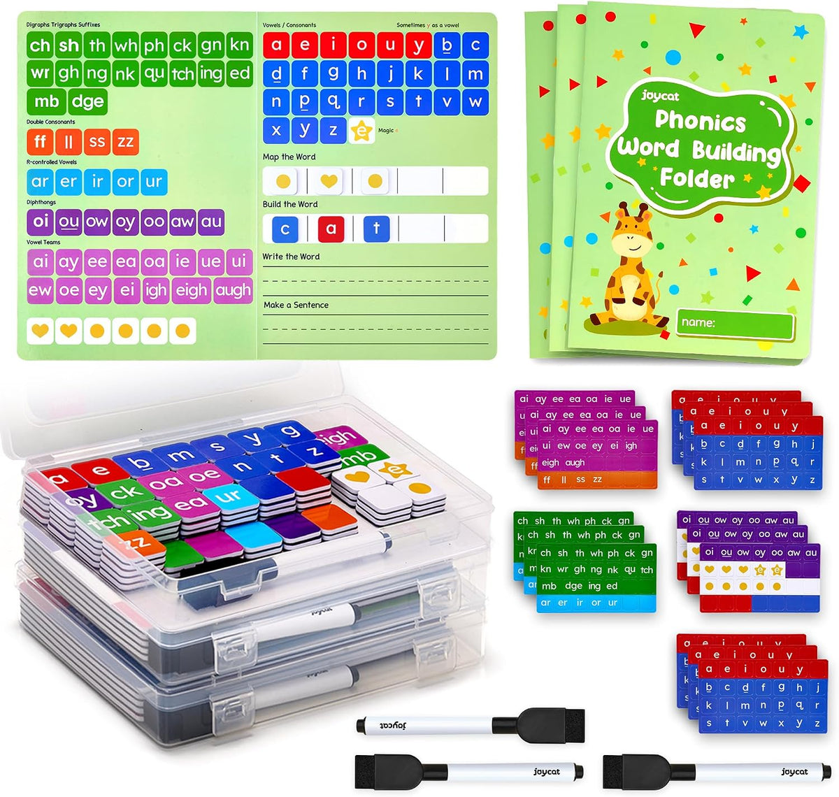 JoyCat 3 juegos de azulejos magnéticos de letras, carpeta de construcción