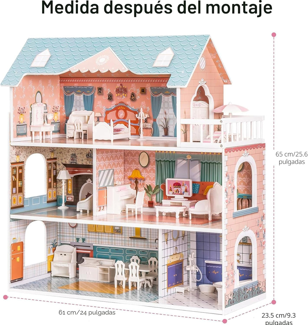 ROBUD Casa de Muñecas de Madera con Muebles Azul para Niñas de 3-6