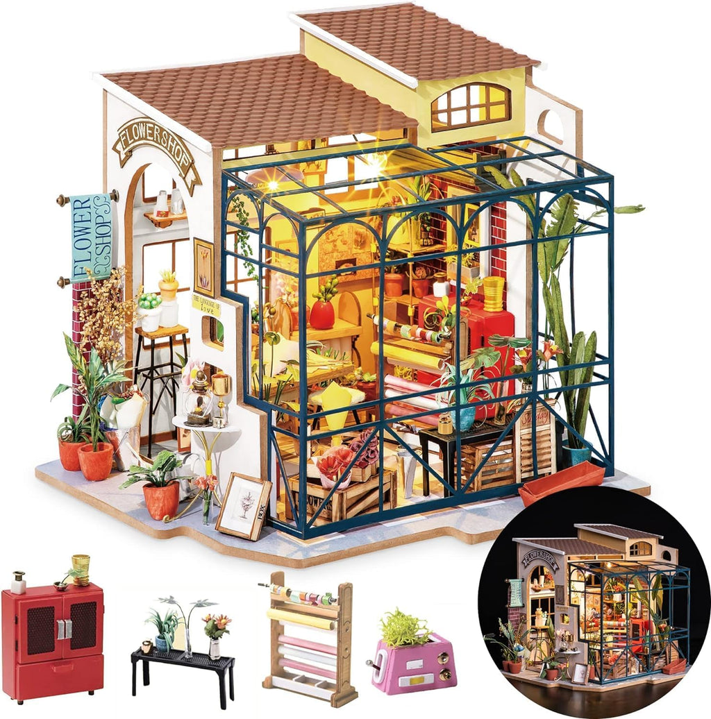 Rolife Kit de Casa en Miniatura DIY Tienda de Flores, Kit de Casa Pequeña para Adultos para Construir, Kit de Fabricación de Mini Casa con Muebles, Decoraciones de Halloween/Navidad/Regalos para