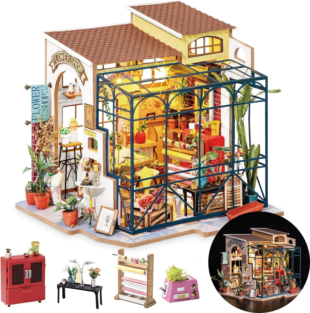 Rolife Kit de Casa en Miniatura DIY Tienda de Flores, Kit de Casa Pequeña para Adultos para Construir, Kit de Fabricación de Mini Casa con Muebles, Decoraciones de Halloween/Navidad/Regalos para