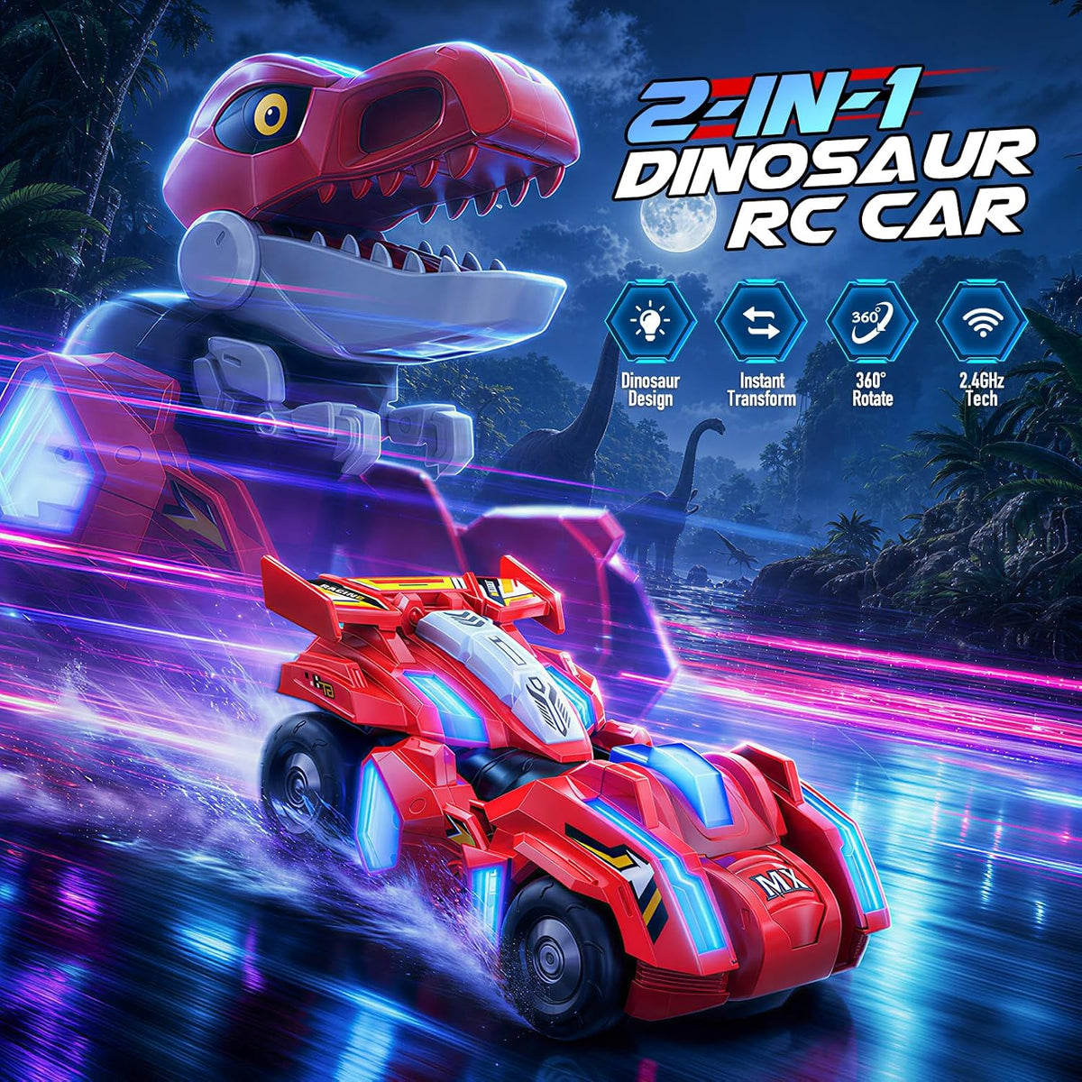 Coche RC transformador de dinosaurios con luces LED, conversión de robot de