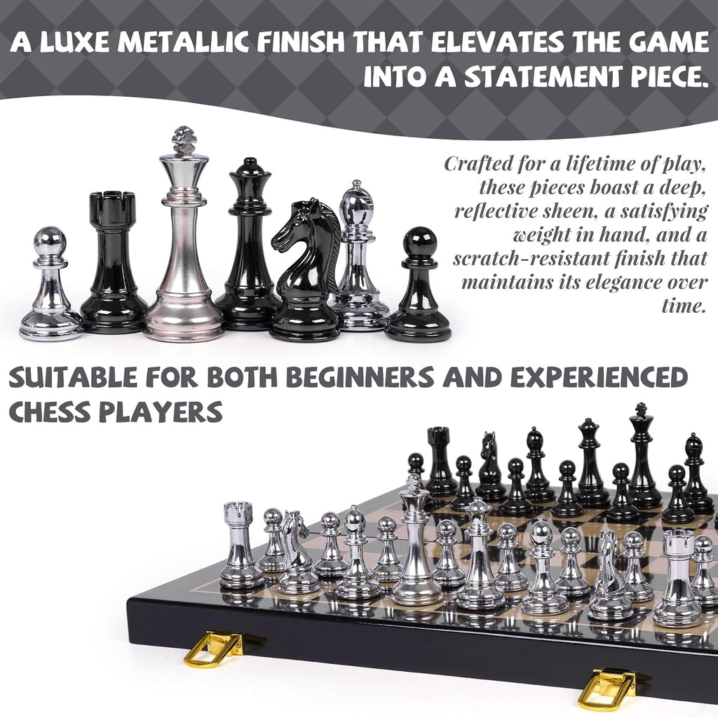 Juego de ajedrez de metal de lujo de 15 pulgadas para adultos, tablero de ajedrez de madera plegable con estuche de almacenamiento, piezas de ajedrez de metal pesado con dos reinas adicionales, regalo
