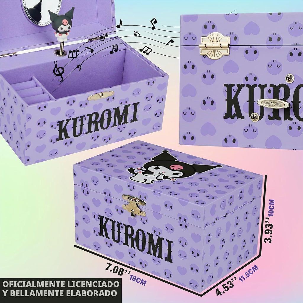 Get Trend Hello Kitty Sanrio Kuromi - Joyero musical para niñas, adolescentes y mujeres, caja de música kawaii, organizador de joyas, soporte para anillos, regalos para mujeres (púrpura Kuromi)