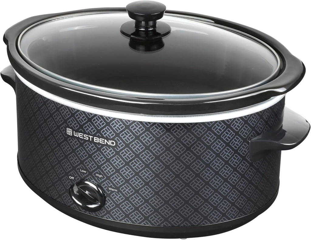 West Bend Olla de cocción lenta manual de 6 cuartos estilo cerámica con olla de cerámica ovalada apta para lavavajillas y tapa de vidrio, dos configuraciones de temperatura más función mantener