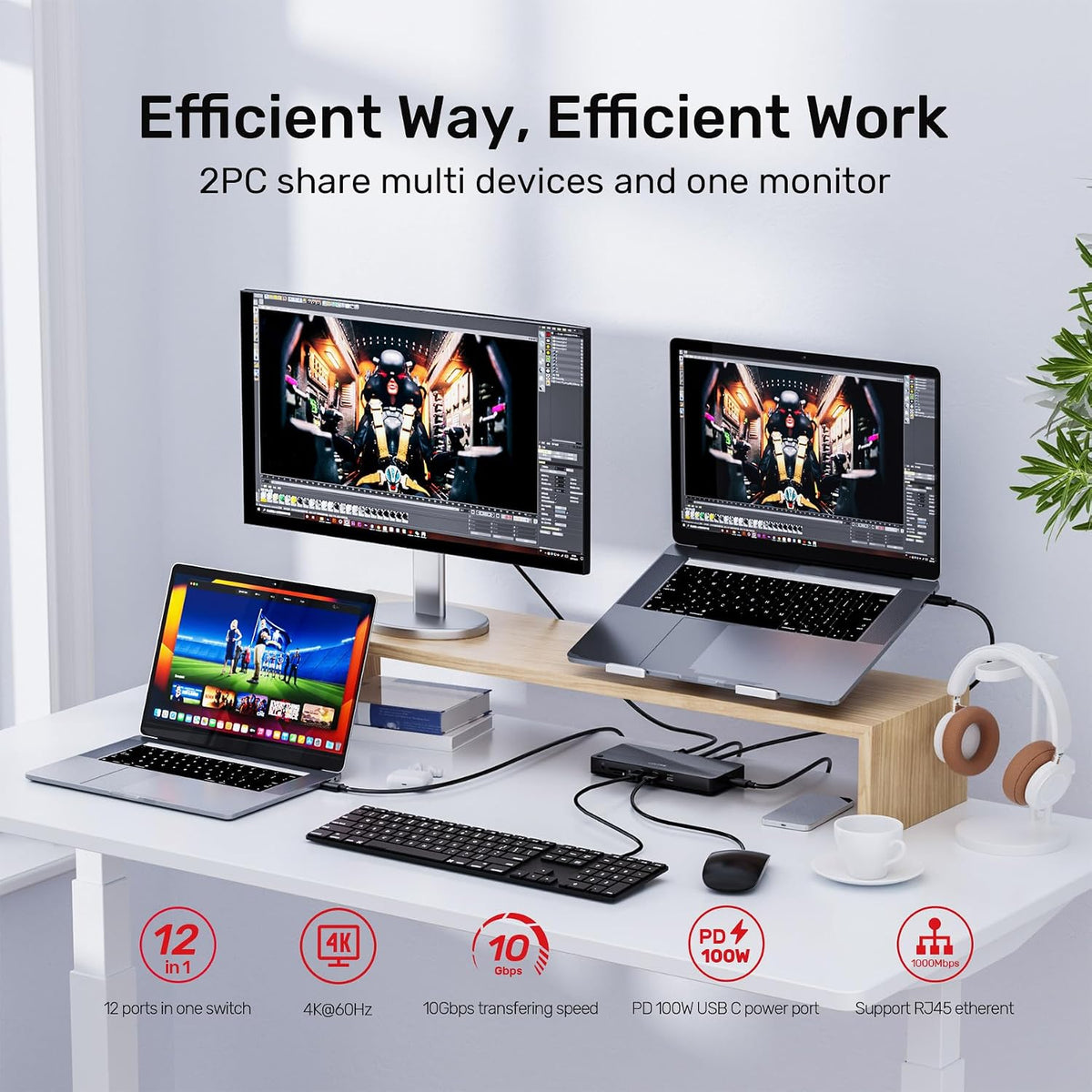 Unitek Conmutador KVM USB C 2 Computadoras 1 Monitor con entrega de energía
