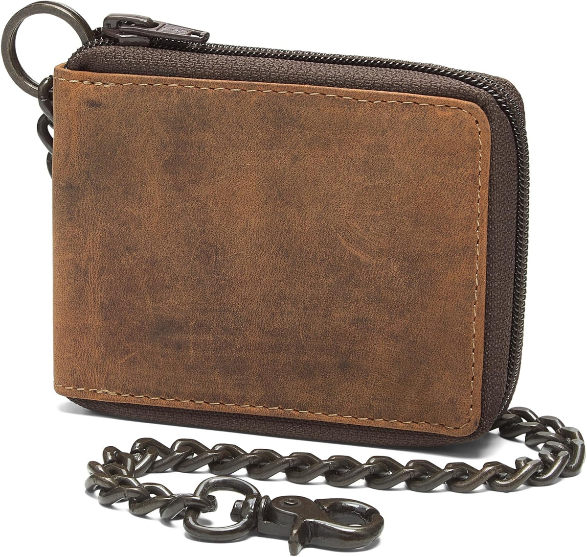 Cartera de cadena de acero con cierre de cremallera de cuero de grano