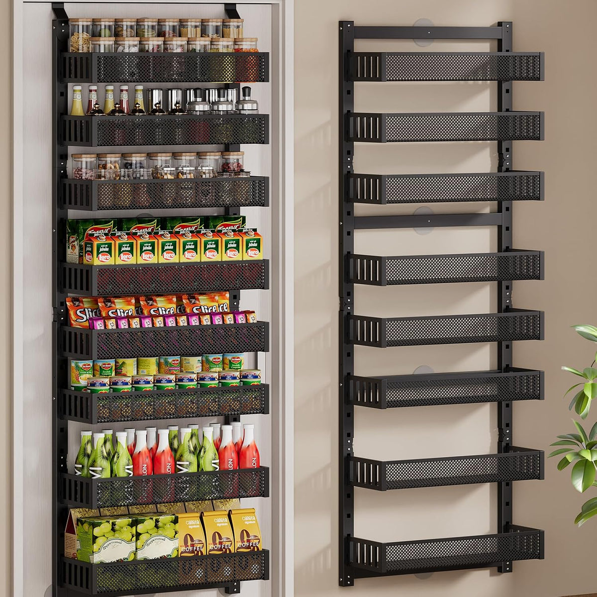 Organizador de despensa de 8 niveles sobre la puerta, soporte de pared 2 en 1 o estante de especias colgante con cesta elevada ajustable, almacenamiento resistente en la parte trasera de la