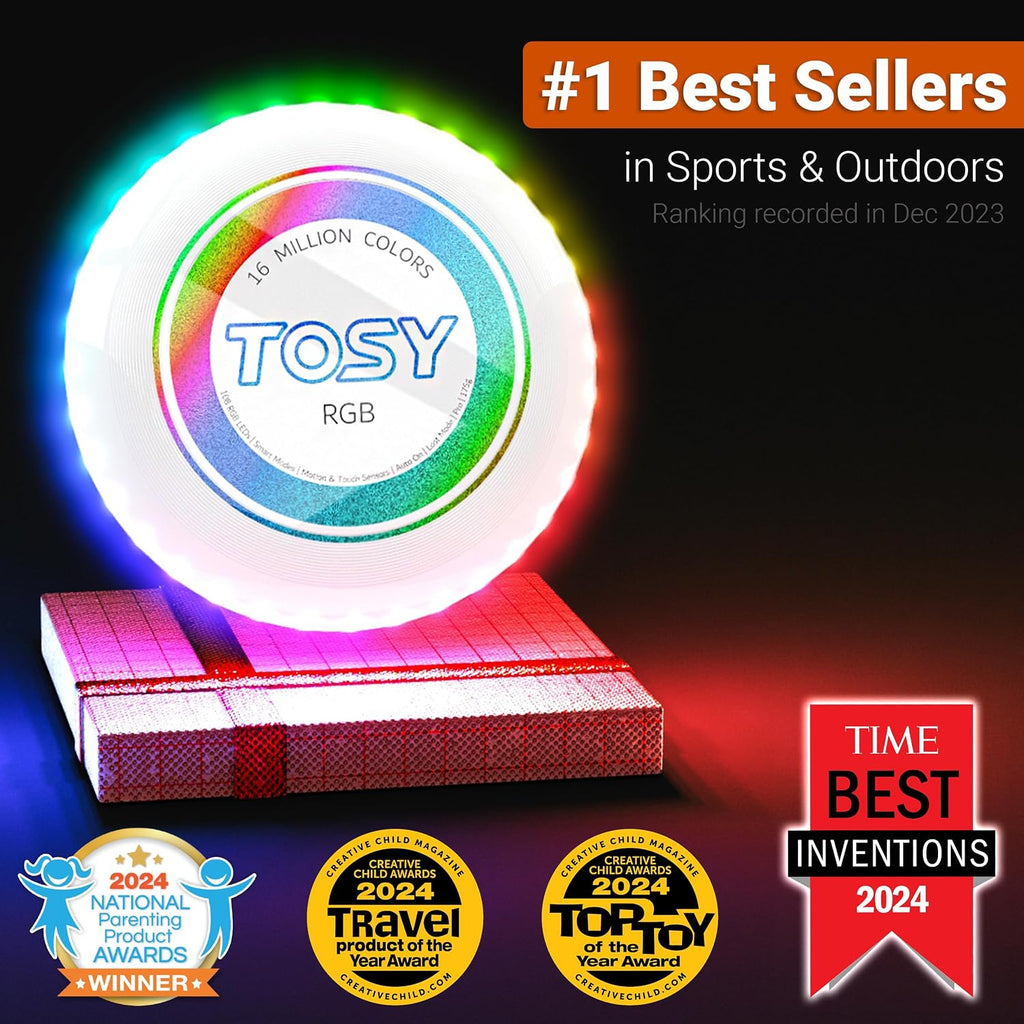 TOSY Flying Disc - 16 Million Colors RGB o 36 LEDs, Extremely Bright, Smart Modes, Camping Essentials para Teens/Kids/Adults/Men/Boys/Girls, Auto Light Up, Rechargeable, Waterproof, 175g