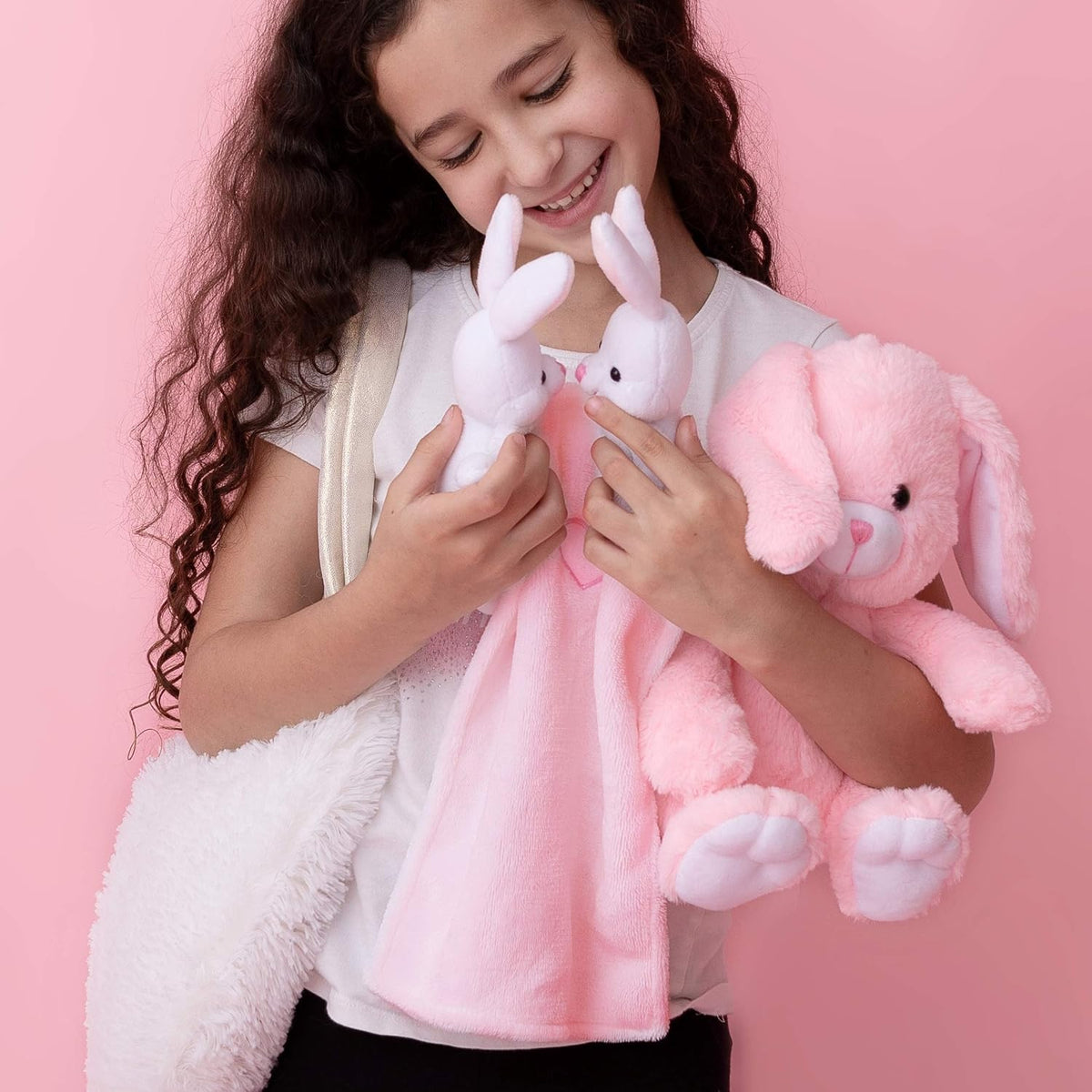 Perfectto Design Regalos de Pascua para niños, juguete de conejo de peluche, 5 piezas, conejo de peluche para mamá, 2 conejitos y bolsa peluda. Regalo de peluche suave de conejo de Pascua para niños
