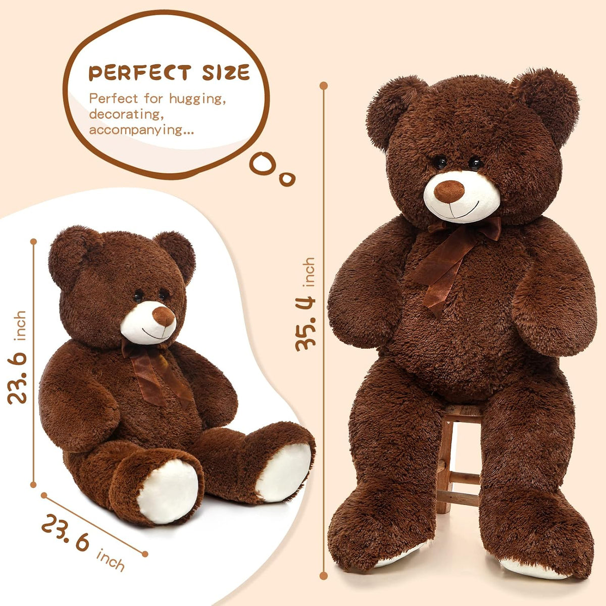 MorisMos Oso de peluche gigante de 3 a 36 pulgadas, oso de peluche grande marrón para novia y San Valentín, peluche grande para decoración de cumpleaños, Navidad, baby shower, marrón oscuro