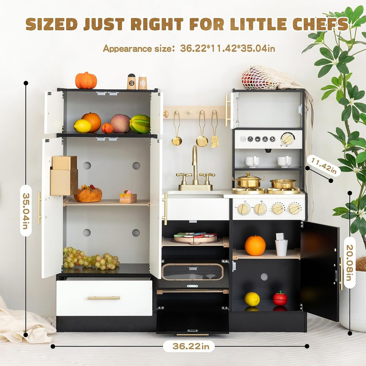 Cocina de madera negra del juego con el refrigerador alto del juguete y el