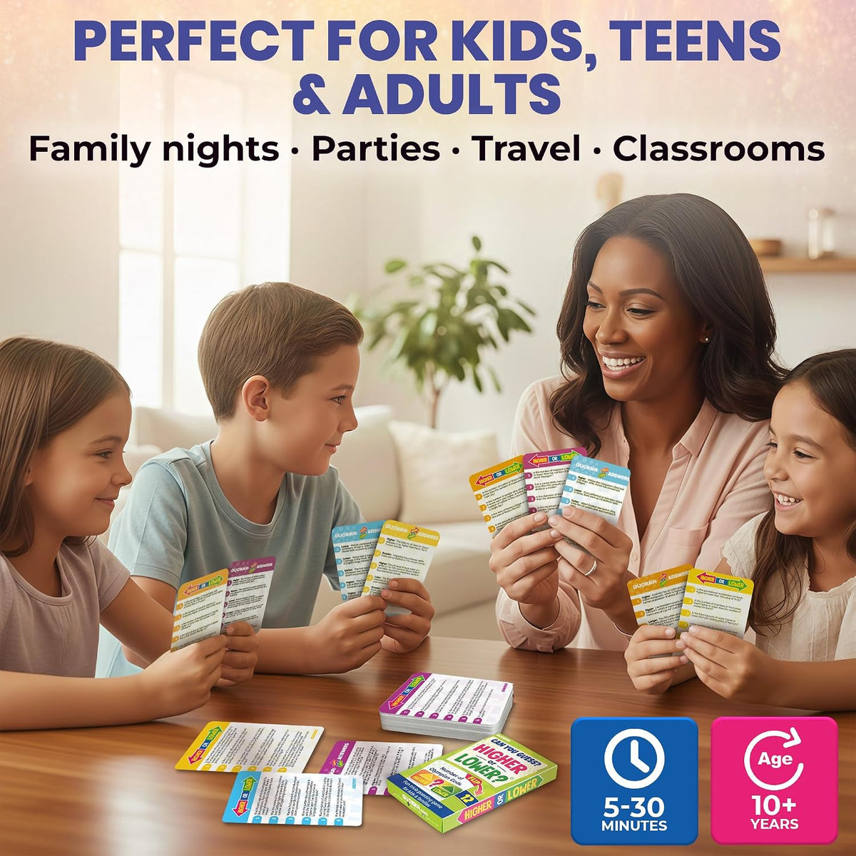 Juegos de mesa de trivia para niños y adultos - Set de 4 cartas Más Alto o Más Bajo