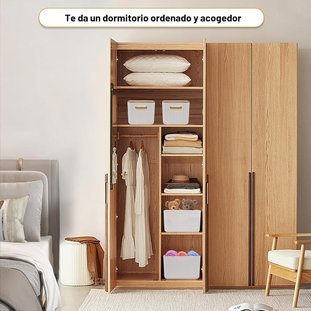 Ohmlove Paquete de 4 contenedores de almacenamiento con tapas de bambú, contenedores de almacenamiento de plástico con tapas, caja de almacenamiento apilable: cestas de almacenamiento para organizar