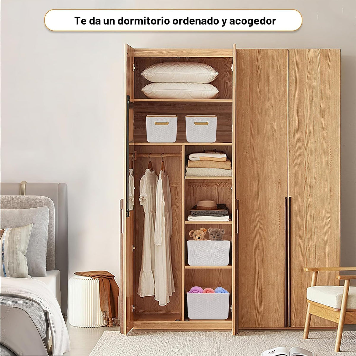 Ohmlove Paquete de 4 contenedores de almacenamiento con tapas de bambú, contenedores de almacenamiento de plástico con tapas, caja de almacenamiento apilable: cestas de almacenamiento para organizar