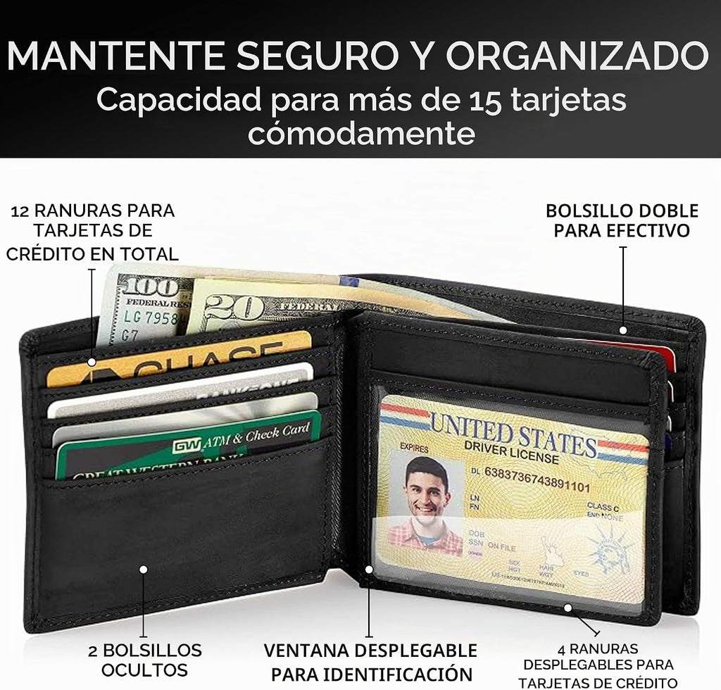 Cartera plegable de piel Stealth Mode para hombre con ventana de identificación y bloqueo RFID