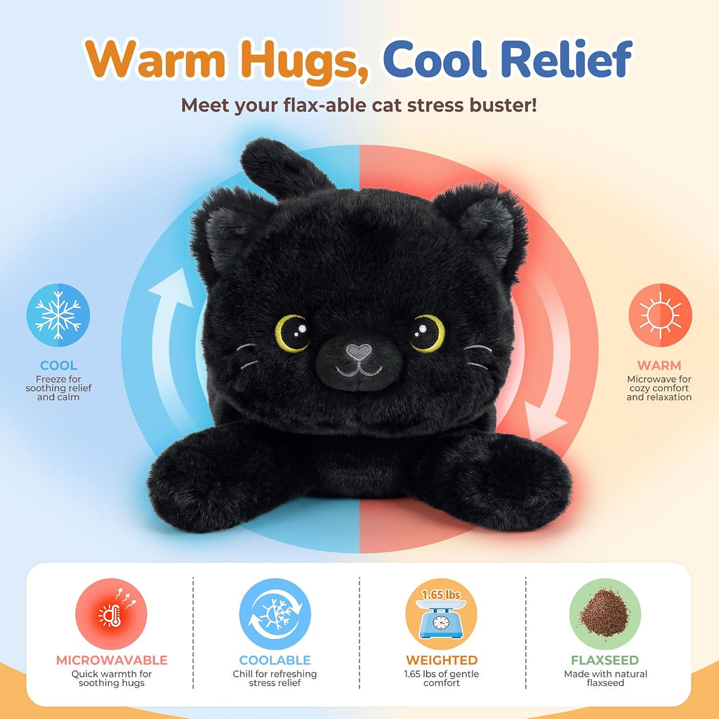 Onsoyours Peluches originales de gato negro calentables y pesados, peluche de gatito de 15 pulgadas para microondas para calidez y comodidad, juguetes de peluche suaves para niños y adultos
