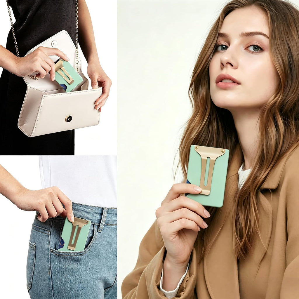 Mini RFID Cartera de aluminio para tarjetas de crédito Titular de tarjetas de visita Estuche de tarjeta de metal para mujeres, Verde menta, Minimalista