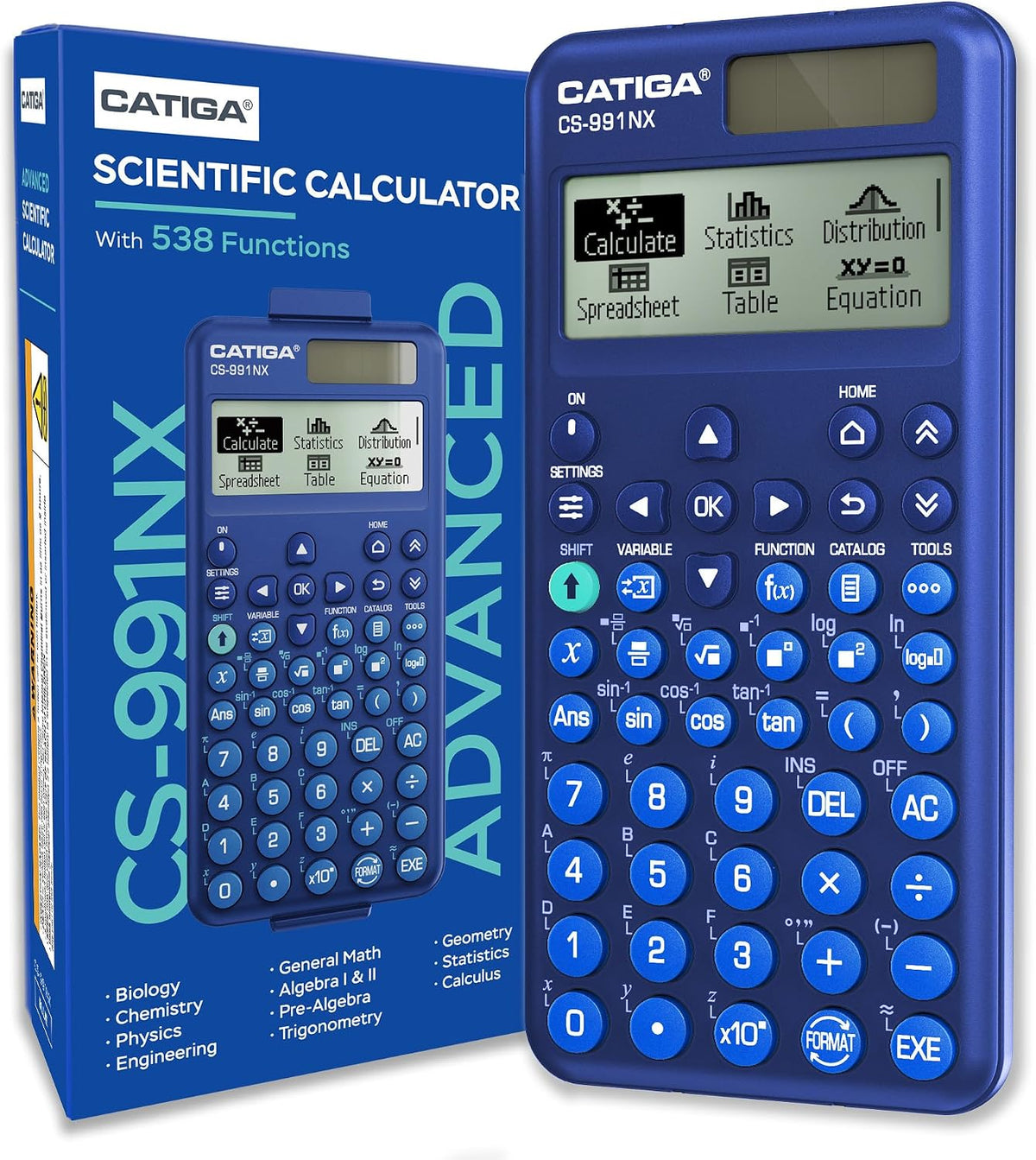 CATIGA Calculadora científica azul con pantalla HD estilo libro de texto, calculadoras científicas solares y de batería para estudiantes universitarios, secundaria e ingeniería, menú de iconos y