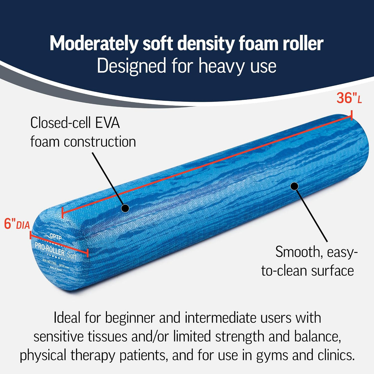 OPTP PRO-Roller - Rodillo de espuma de densidad suave, redondo, azul, 36" x 6"