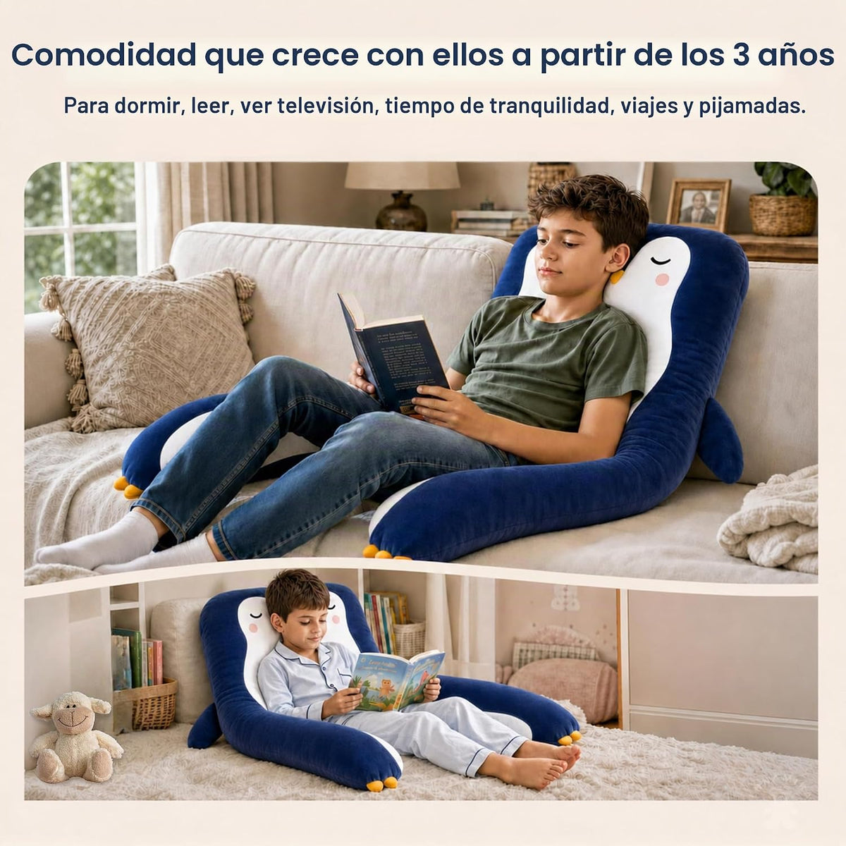 Almohada de cuerpo de pingüino para niños - Almohada de felpa larga en forma de U de 47" para niños, para dormir, leer, comodidad para TDAH y necesidades especiales, ansiedad, funda lavable