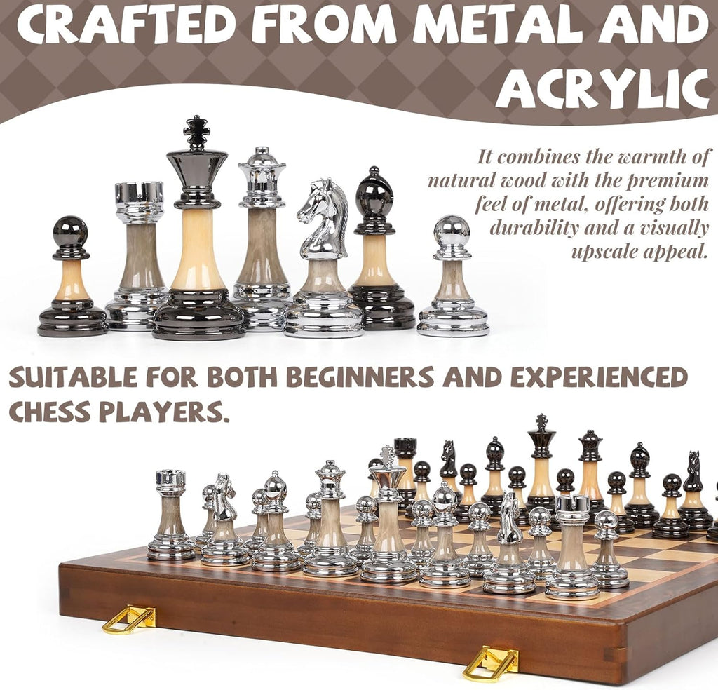 Juego de ajedrez grande de lujo de 17 pulgadas, tablero de ajedrez de madera con piezas de ajedrez de metal y acrílico, tamaño King de 3.5 pulgadas, 2 reinas adicionales, juego de ajedrez plegable para adultos y niños, exhibición de regalo, colección de