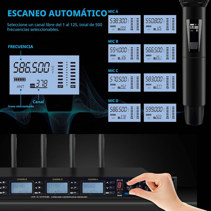 PRORECK UK-4000 UHF Sistema de micrófono inalámbrico de 4 canales c...