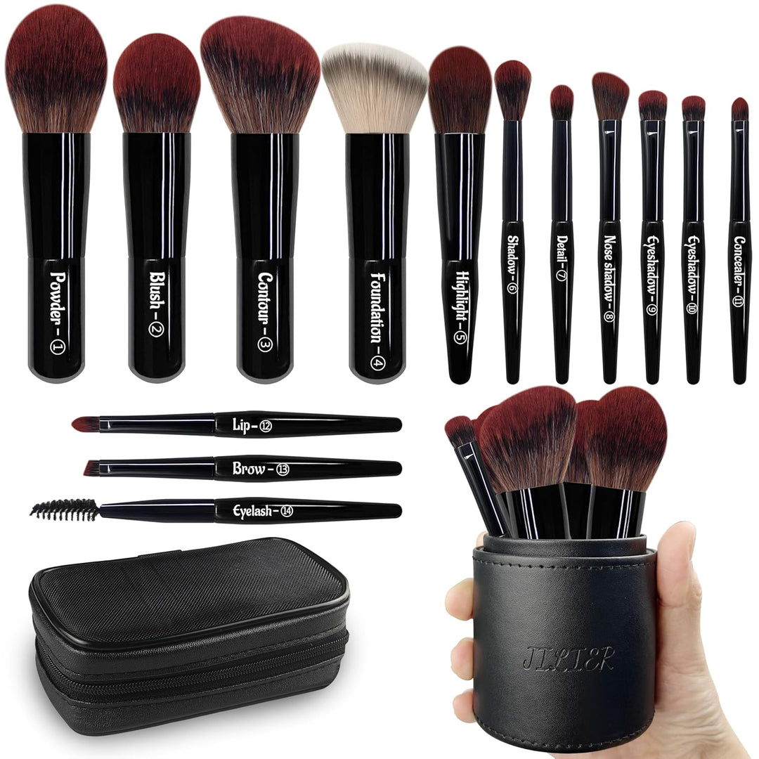 Jilier Juego de brochas de maquillaje de viaje, 14 piezas de mini b...