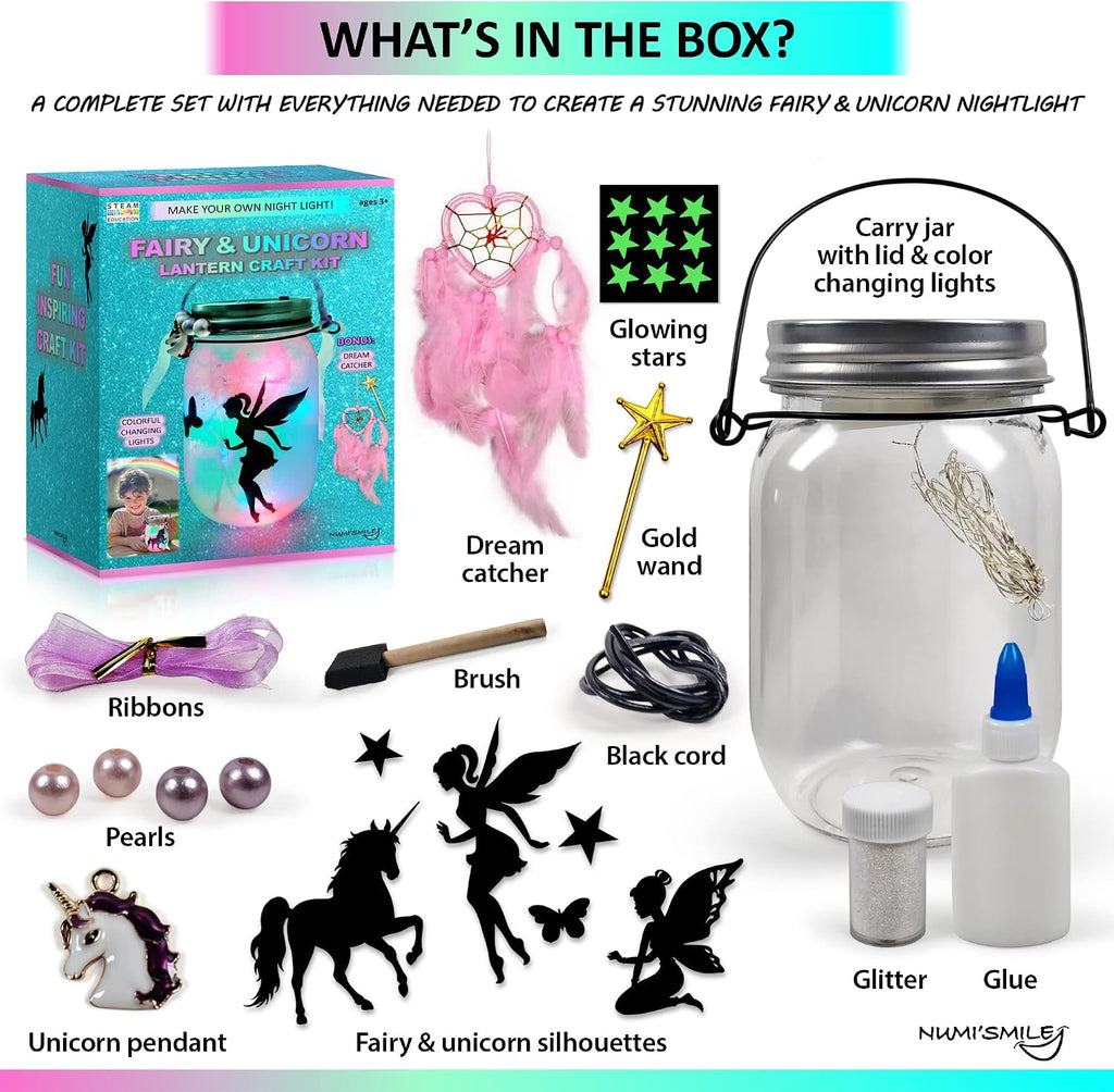 NUMI'SMILE - Kit de manualidades de linterna de unicornio y hada, frasco de luz nocturna, bricolaje, manualidades y artes para niñas de 3, 4, 5, 6, 7, 8-12 años, juguetes de unicornio y hada, regalo