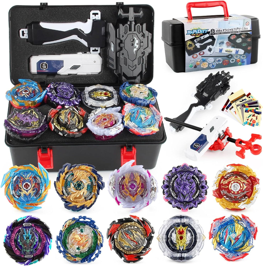 Juego de trompos de combate, juguetes de giroscopio Burst 10 trompos giratorios 2 lanzadores con caja de almacenamiento portátil, juego de combate para niños, niños y niños