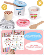 Juguetes de helado de madera para niños, tienda de juegos de cocina para niños pequeños, accesorios de cocina con cucharada, menú y dinero falso, juguetes de madera para cumpleaños de niños y niñas de 3, 4, 5 años
