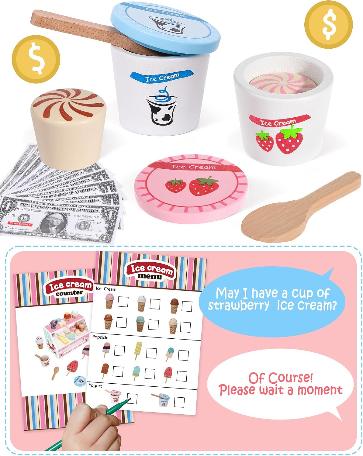 Juguetes de helado de madera para niños, tienda de juegos de cocina para niños pequeños, accesorios de cocina con cucharada, menú y dinero falso, juguetes de madera para cumpleaños de niños y niñas de 3, 4, 5 años
