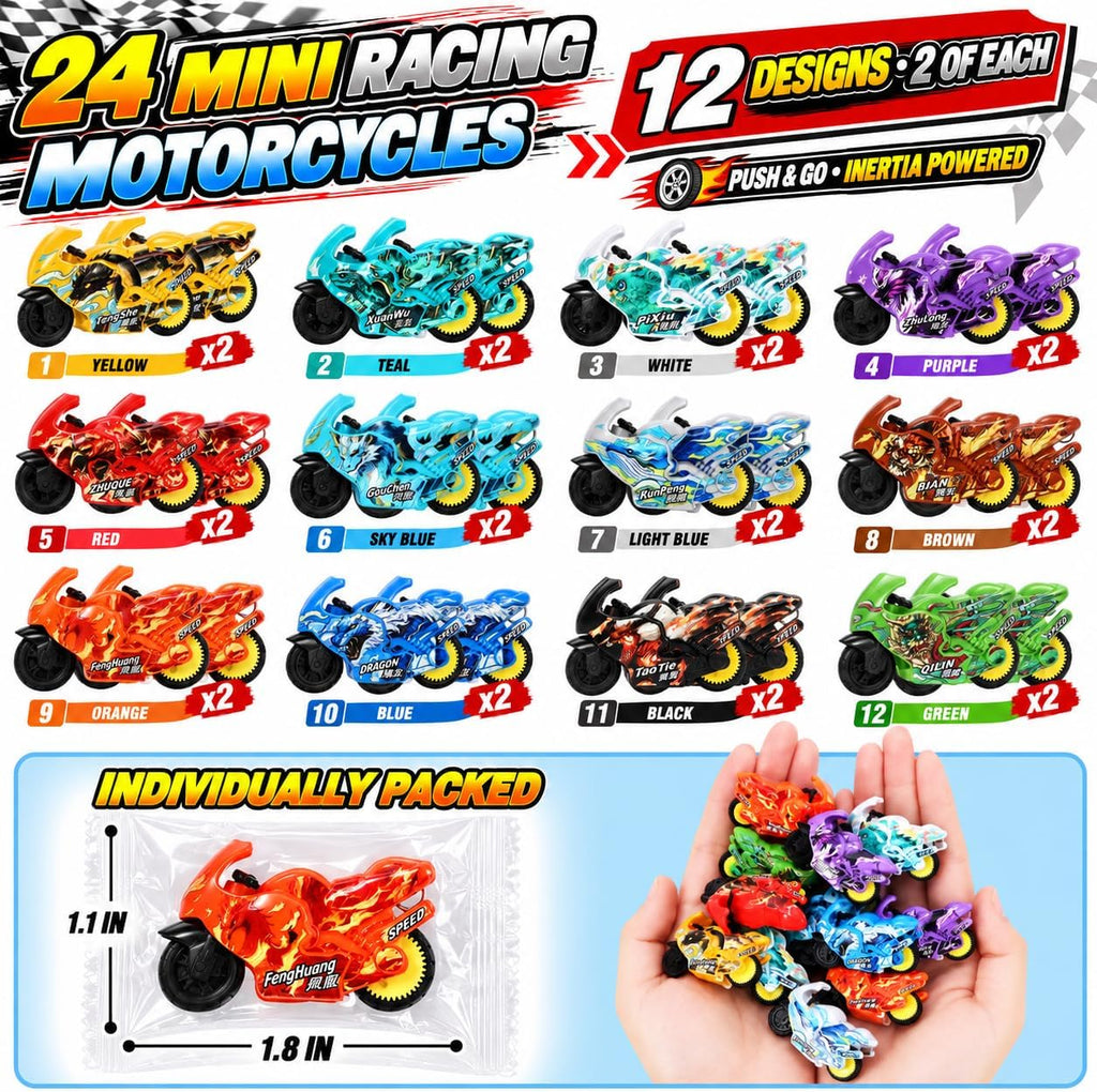 24 piezas de motocicletas de juguete, coches a granel, caja del tesoro