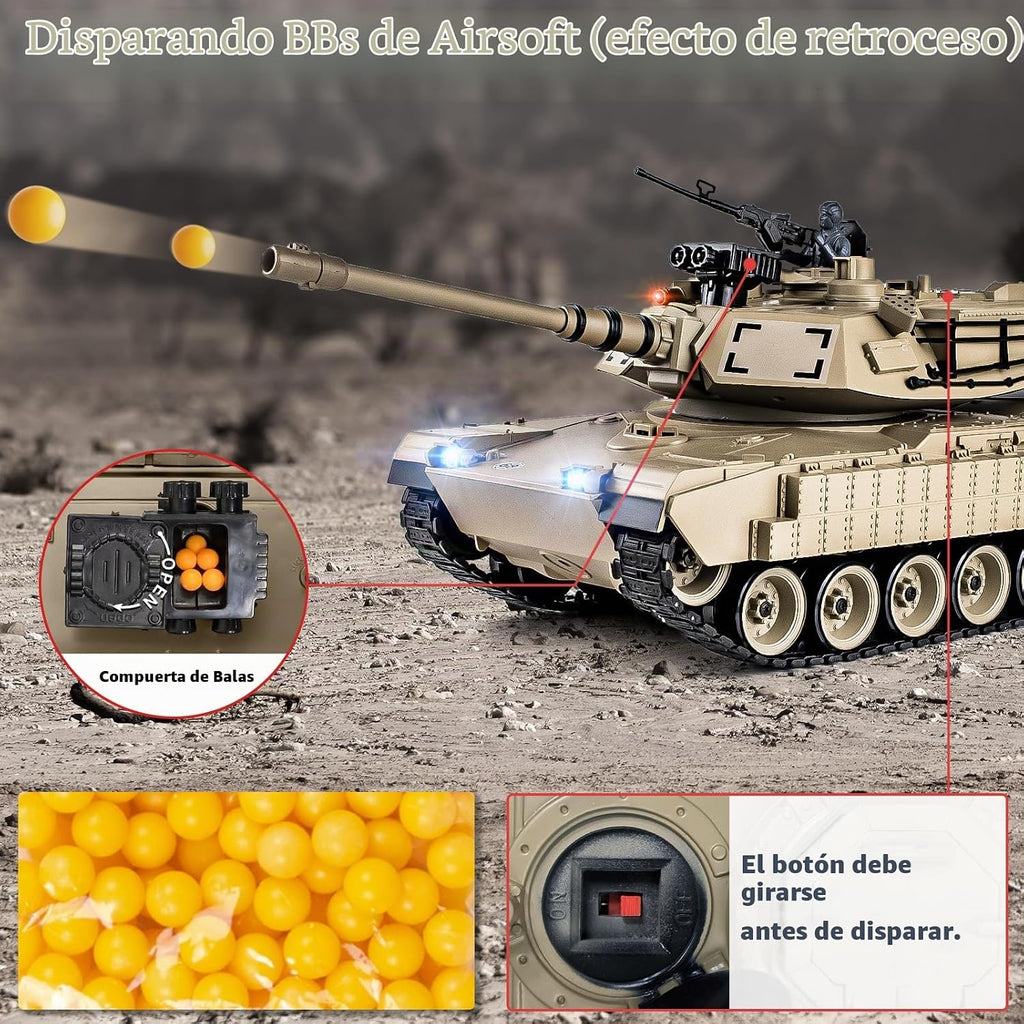 1/18 M1A2 Abrams - Tanque a control remoto de 2.4 G que dispara BBS con humo, sonido y luces, juguete modelo ejército de control remoto de 165 pies, vehículo militar todo terreno para mayores de 8 años