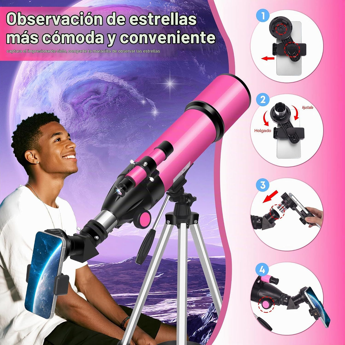 Telescopio para Adultos de Alta Potencia, Apertura de 80mm 600mm Telescopios para Astronomía para Adultos, Niños y Principiantes, Telescopio Refractor Portátil de Viaje con Trípode, Adaptador para