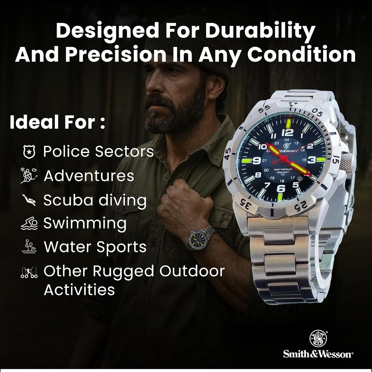 Reloj Smith & Wesson Emissary Swiss Tritium H3 para hombre, caja y correa de acero inoxidable, bisel giratorio, relojes militares duraderos para hombre, 44mm, relojes analógicos para hombre, reloj de