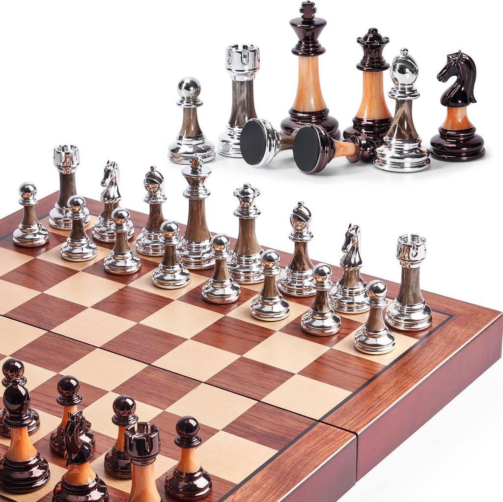 Juego de ajedrez grande de 16 pulgadas/16.5 in de tablero de madera plegable con piezas de ajedrez acrílico ponderadas de lujo, tamaño King de 3.5 pulgadas con ranuras de almacenamiento para adultos, regalo de jubilación de inauguración de la casa