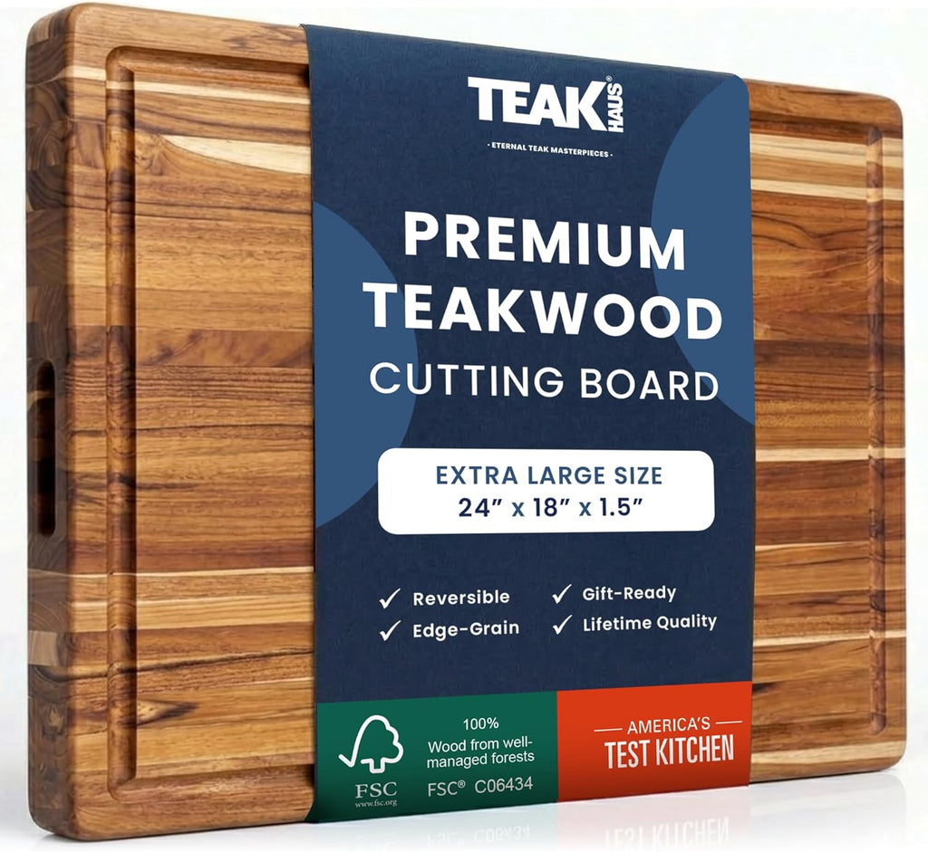 Teak tabla para cortar rectangular con agarre y ranura para líquidos (24 x 18 x 1.5 pulgadas) - De Teakhaus.