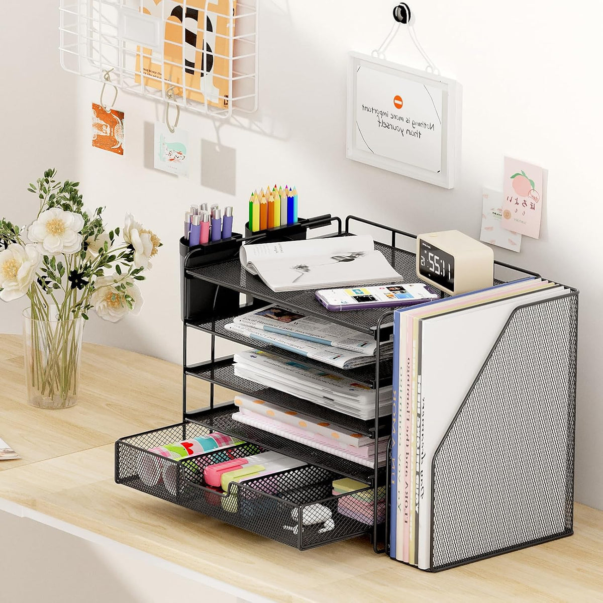 Organizador de escritorio, organizador de archivos de escritorio de 5 niveles con cajón y soportes para bolígrafos, accesorios de escritorio de oficina, clasificadores de archivos