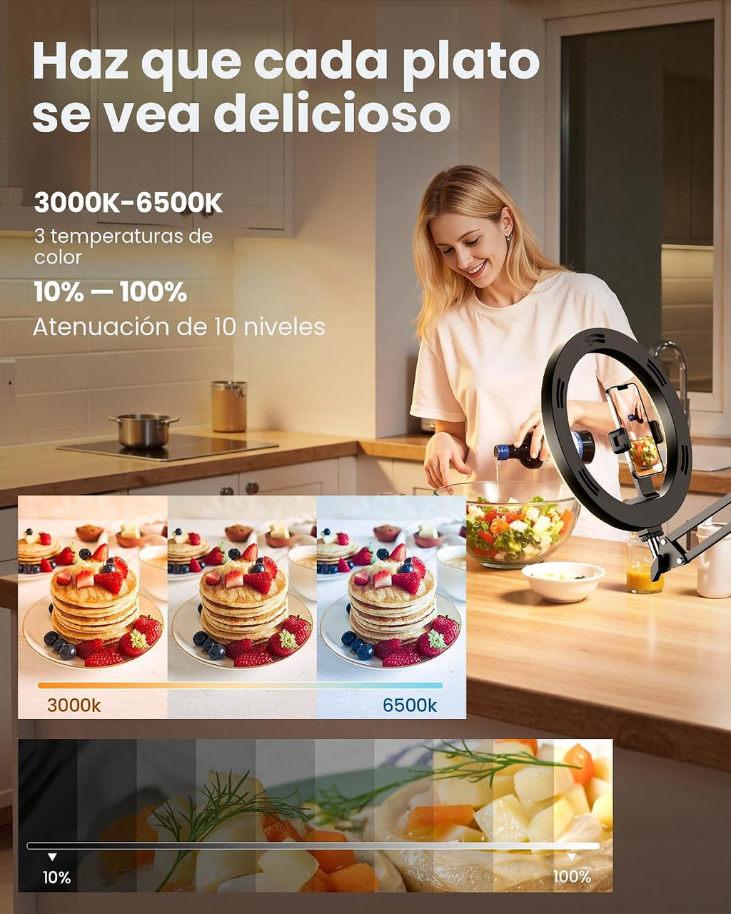 Soporte de Montaje de Teléfono con Cámara Aérea y Anillo de Luz Mejorado para Escritorio, Evershop Luz para Selfie de 10" con Trípode para iPhone, Luz con Soporte para Teléfono para Grabación de Video