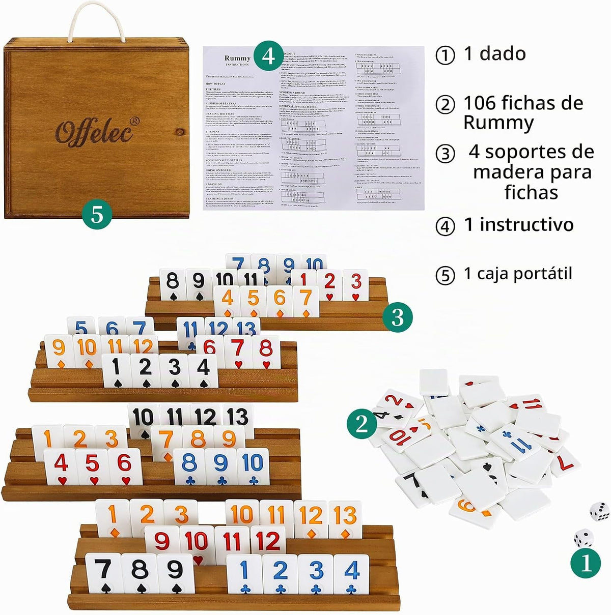 Juego de cubo Rummy con traje de póquer, juego de Rummy portátil incluye caja de madera, 4 estantes de madera, 106 fichas grandes de números, juegos de mesa clásicos para 2-4 jugadores, regalo