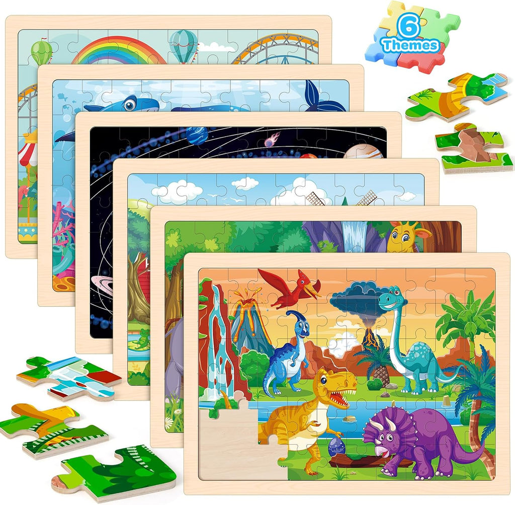 6 paquetes de rompecabezas de madera para niños de 4 a 6 años, 60 piezas de rompecabezas de dinosaurios y animales de madera para niños pequeños de 3 a 5 años, juguetes educativos preescolares de