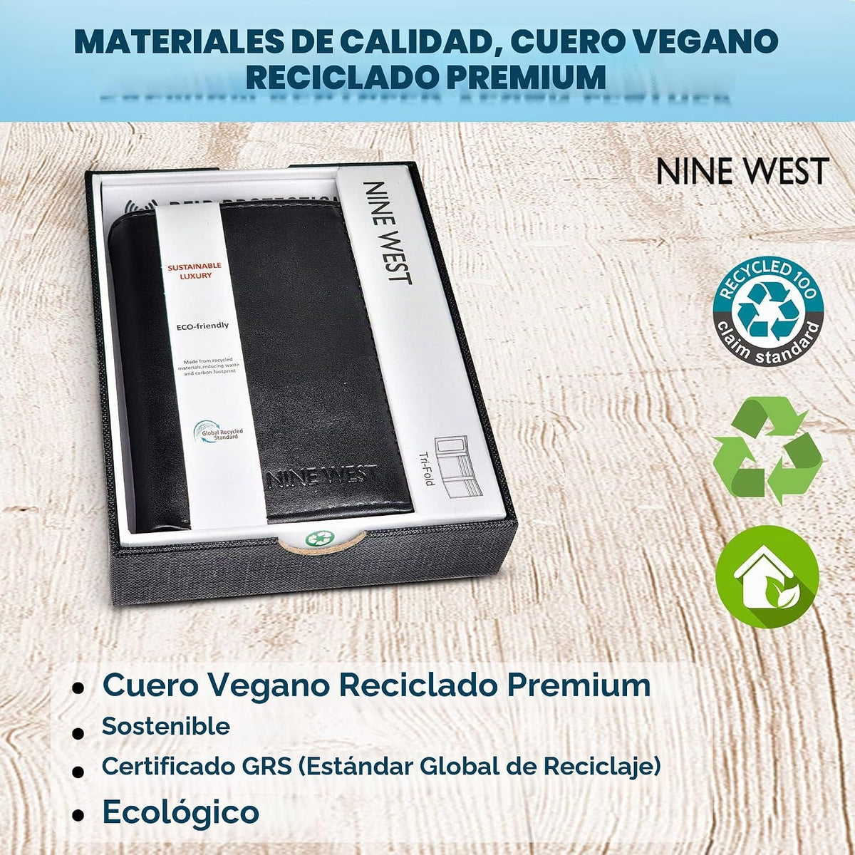Nine West Billeteras de cuero vegano triple para hombre, sin crueldad, cuero reciclado con ventana de identificación, regalos para hombres, color negro sólido